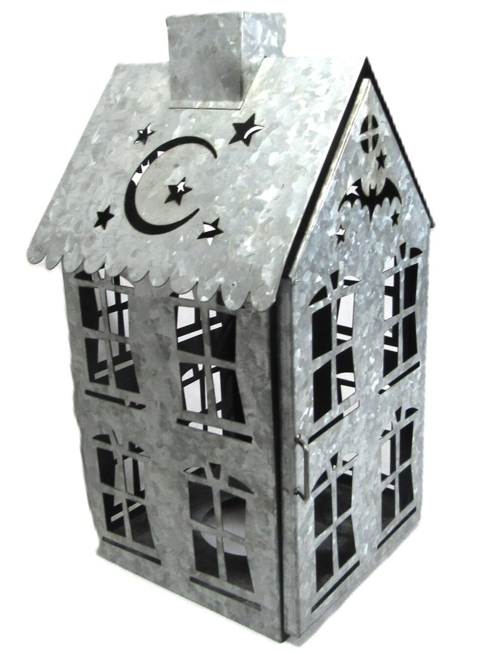 HALLOWEEN DECOR GALVANIZED HAUNTED HOUSE CANDLE HOLDER 13" X 6"